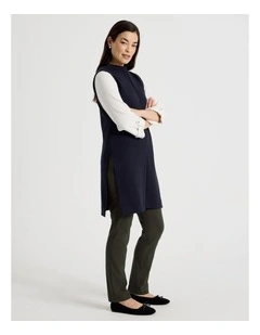 Stand Neck Long Sleeveless Vest With Side Splits in Navy