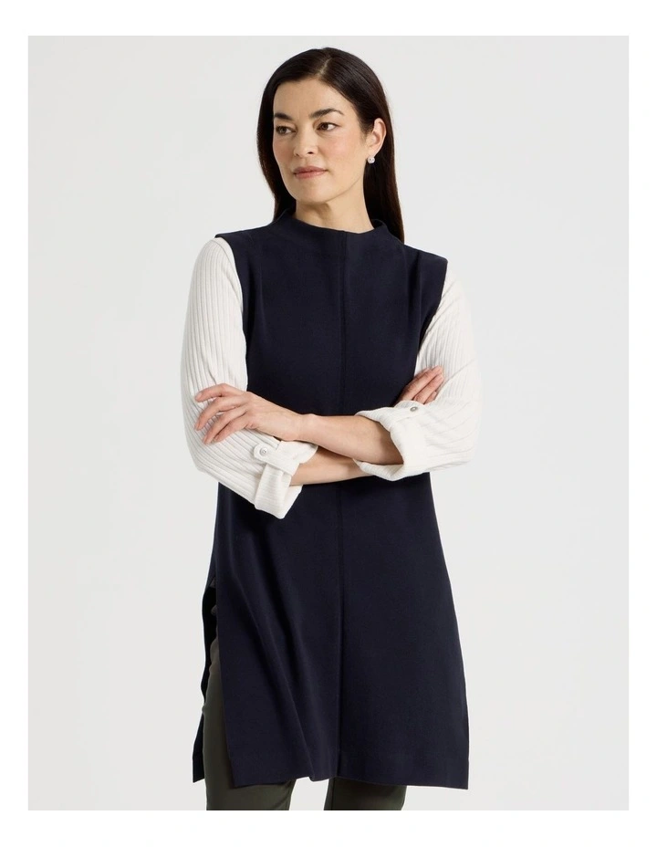 Stand Neck Long Sleeveless Vest With Side Splits in Navy image 3