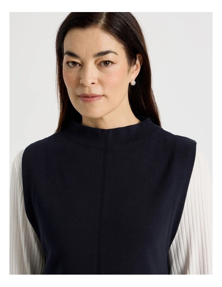 Stand Neck Long Sleeveless Vest With Side Splits in Navy image 4