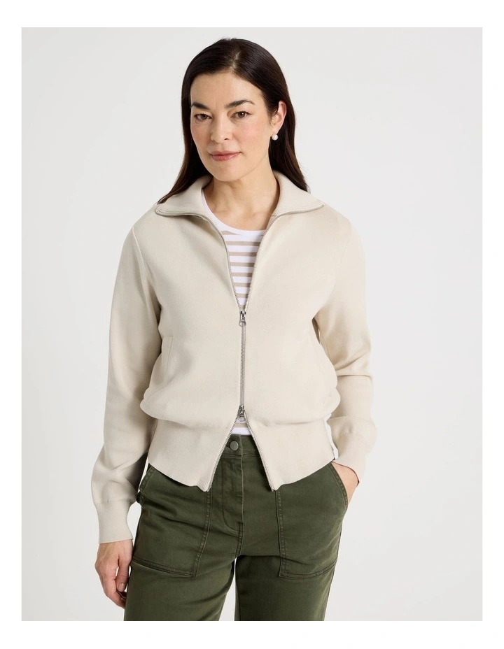 Zip Up Knitted Jacket With Collar in Neutral image 1