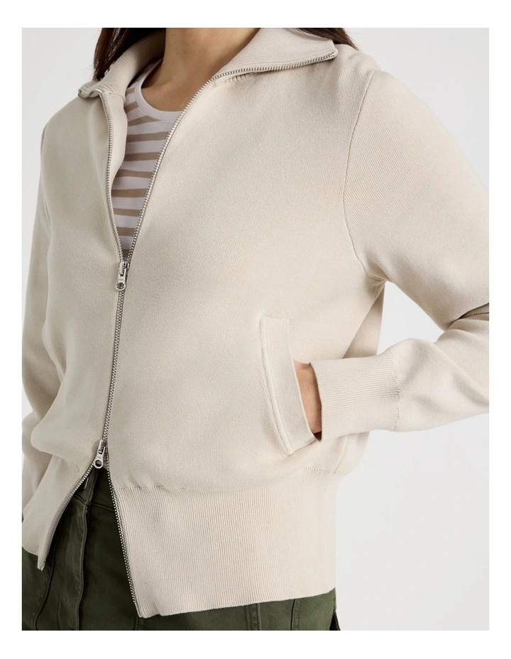 Zip Up Knitted Jacket With Collar in Neutral image 3