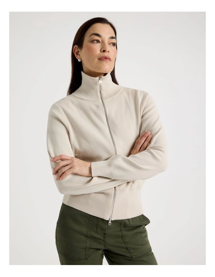 Zip Up Knitted Jacket With Collar in Neutral image 4