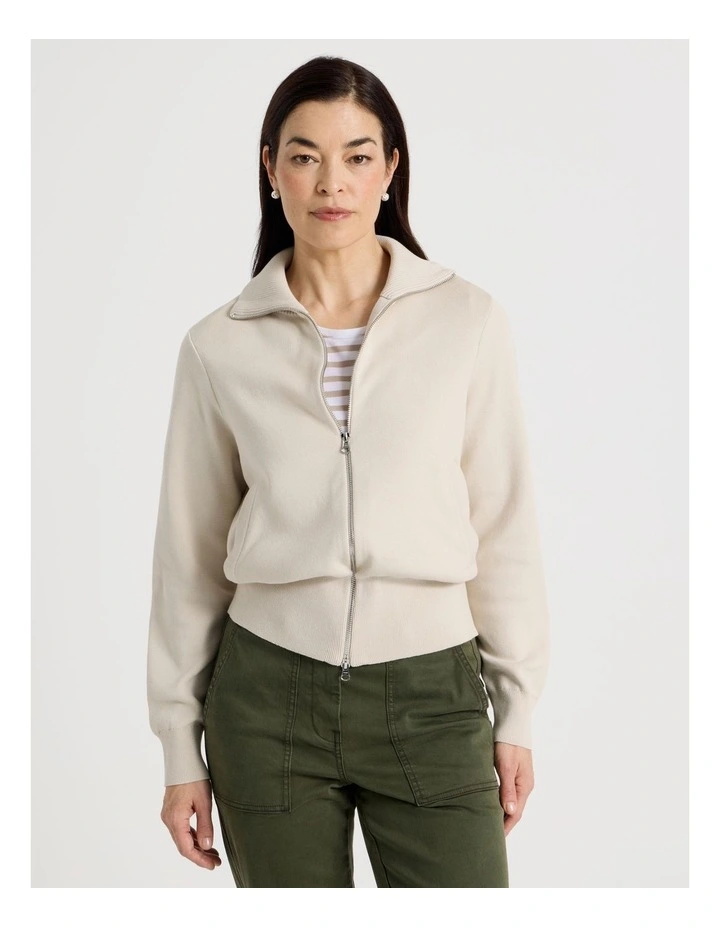 Zip Up Knitted Jacket With Collar in Neutral image 5