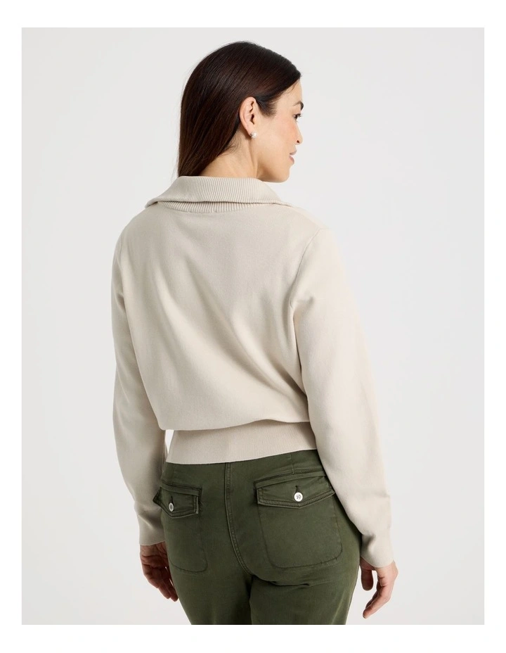 Zip Up Knitted Jacket With Collar in Neutral image 6