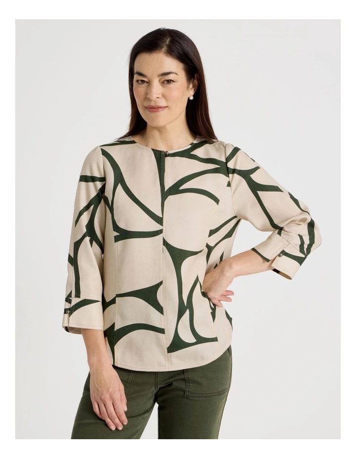 Notch Neck 3/4 Sleeve Top With Cf Seam in Olive/Neutral Print image 1