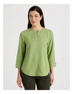 Notch Neck 3/4 Sleeve Top With CF Seam in Olive