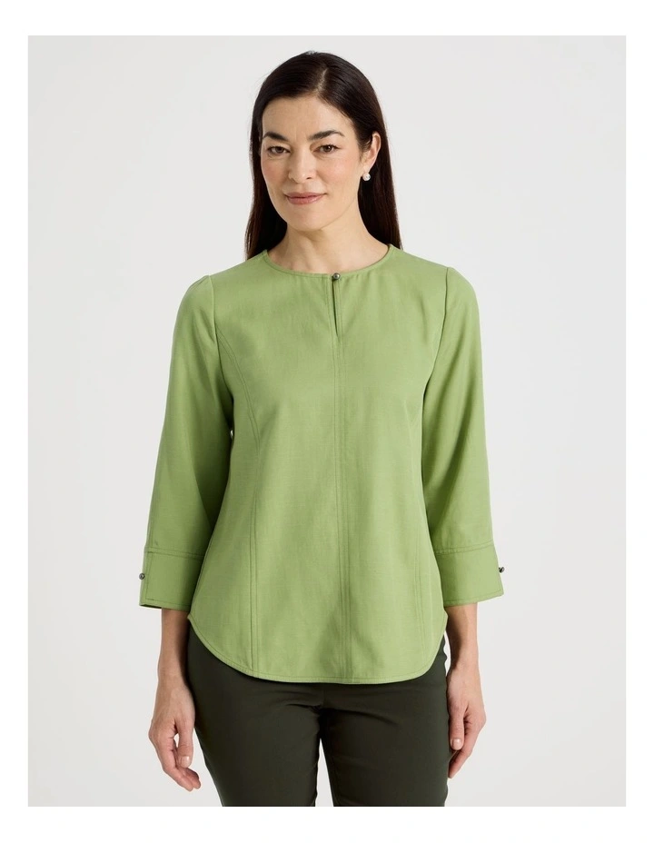 Notch Neck 3/4 Sleeve Top With CF Seam in Olive image 1