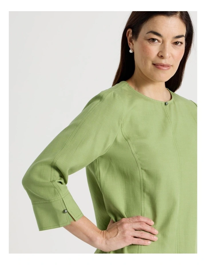 Notch Neck 3/4 Sleeve Top With CF Seam in Olive image 2