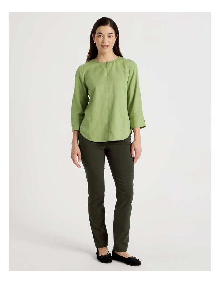 Notch Neck 3/4 Sleeve Top With CF Seam in Olive image 3