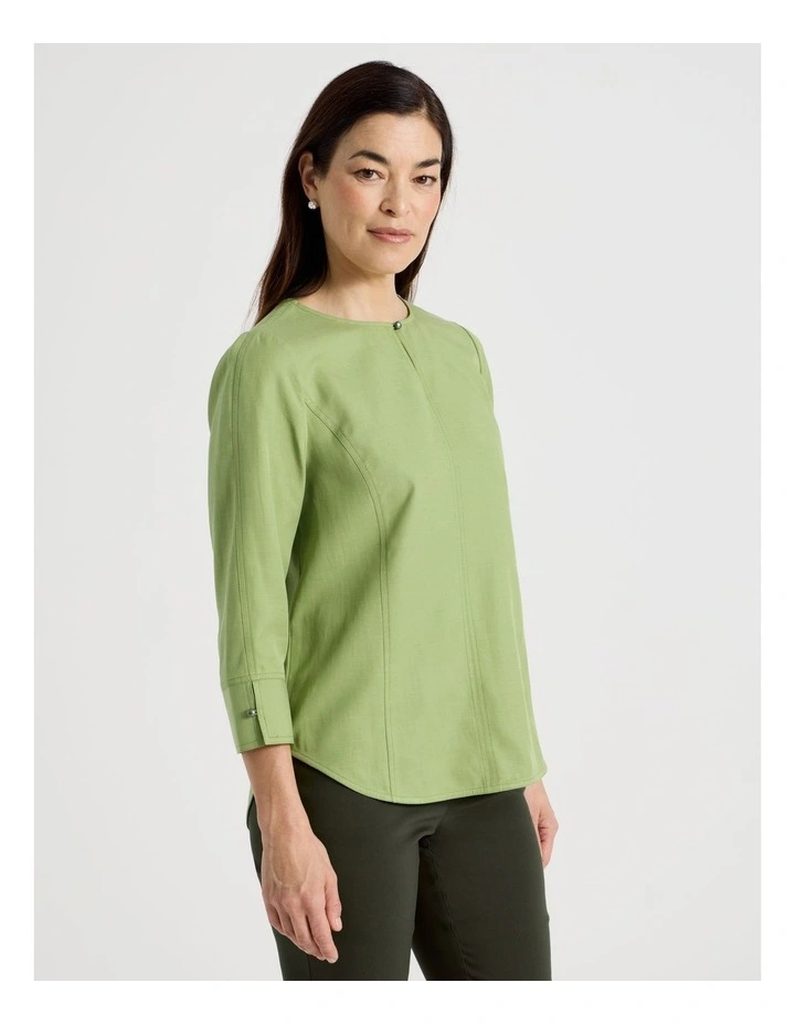 Notch Neck 3/4 Sleeve Top With CF Seam in Olive image 5