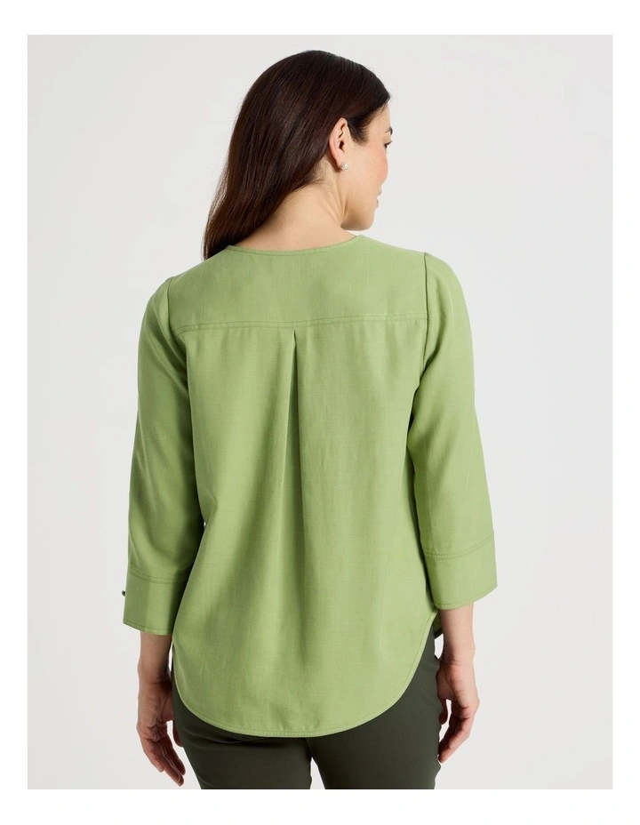 Notch Neck 3/4 Sleeve Top With CF Seam in Olive image 6