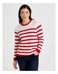 Fancy Knit Long Sleeve Breton Stripe Jumper in Red/Ivory