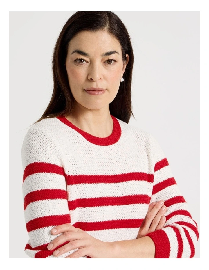 Fancy Knit Long Sleeve Breton Stripe Jumper in Red/Ivory image 2