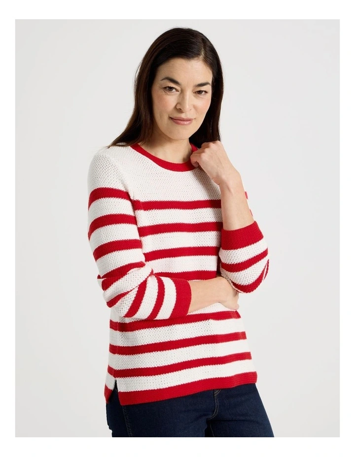 Fancy Knit Long Sleeve Breton Stripe Jumper in Red/Ivory image 4
