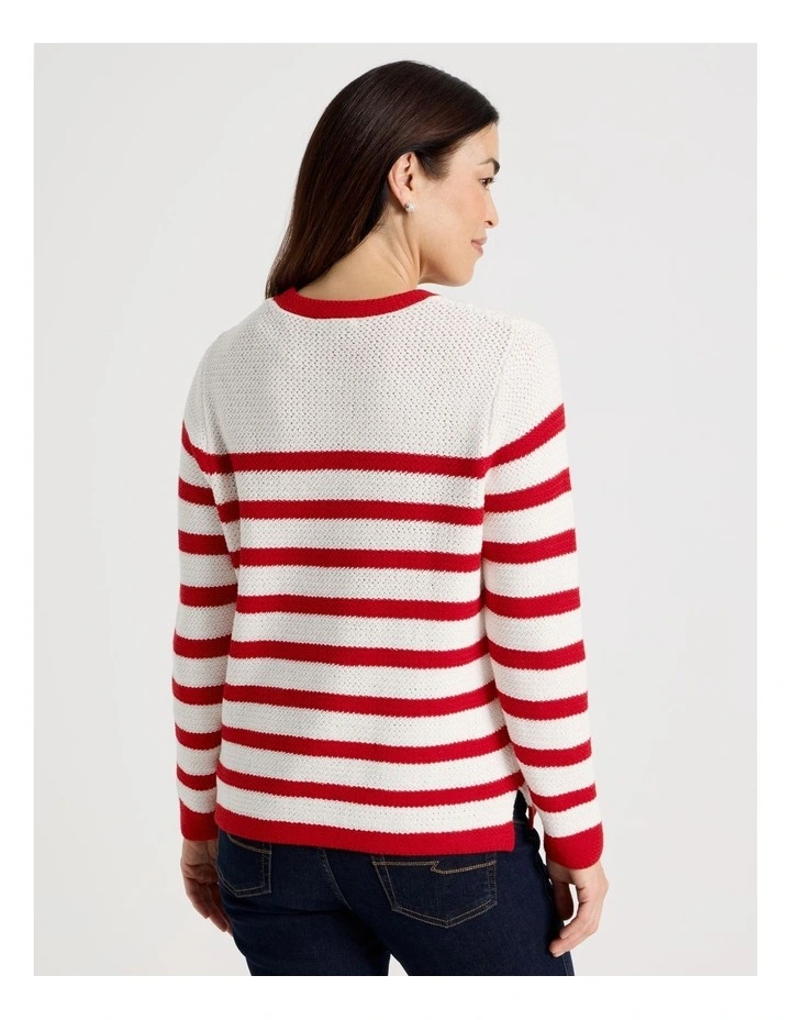 Fancy Knit Long Sleeve Breton Stripe Jumper in Red/Ivory image 5