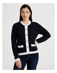 Contrast Trim Button Front Cardigan in Navy/Ivory