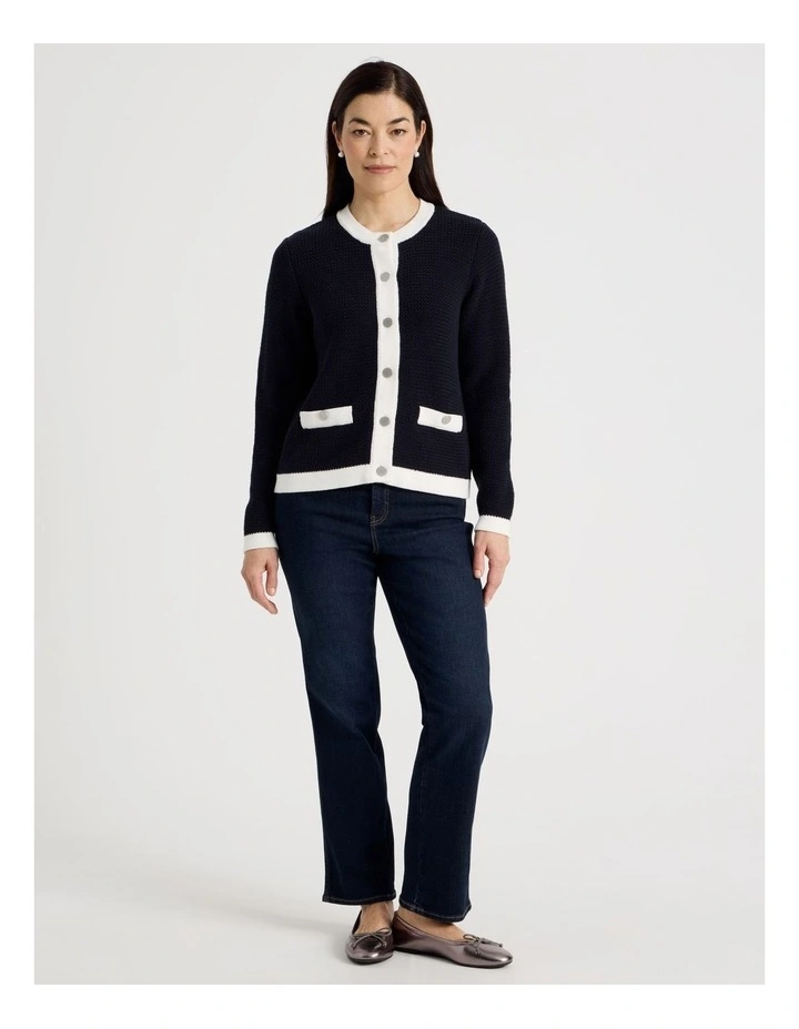Contrast Trim Button Front Cardigan in Navy/Ivory image 2