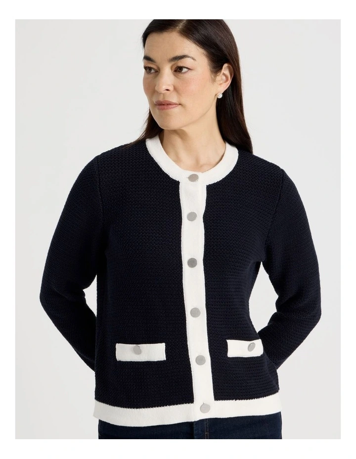Contrast Trim Button Front Cardigan in Navy/Ivory image 3