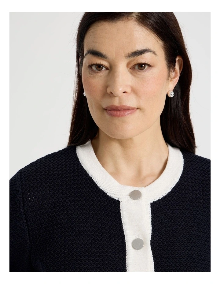 Contrast Trim Button Front Cardigan in Navy/Ivory image 4
