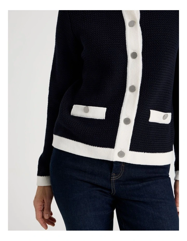 Contrast Trim Button Front Cardigan in Navy/Ivory image 5