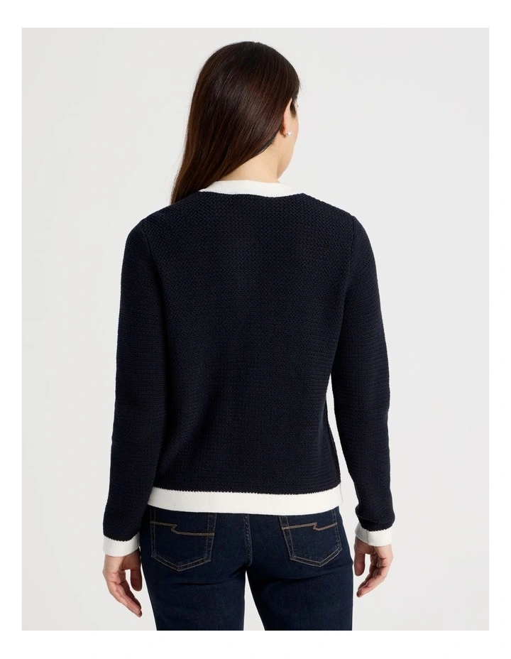 Contrast Trim Button Front Cardigan in Navy/Ivory image 6