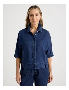 3/4 Sleeve Light Weight Panelled Denim Shirt in Dark Wash