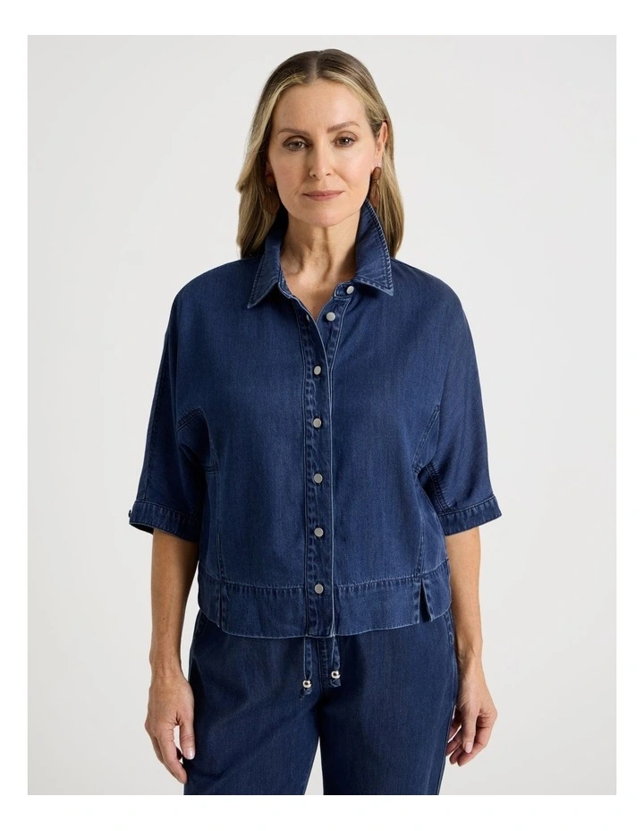 3/4 Sleeve Light Weight Panelled Denim Shirt in Dark Wash image 1