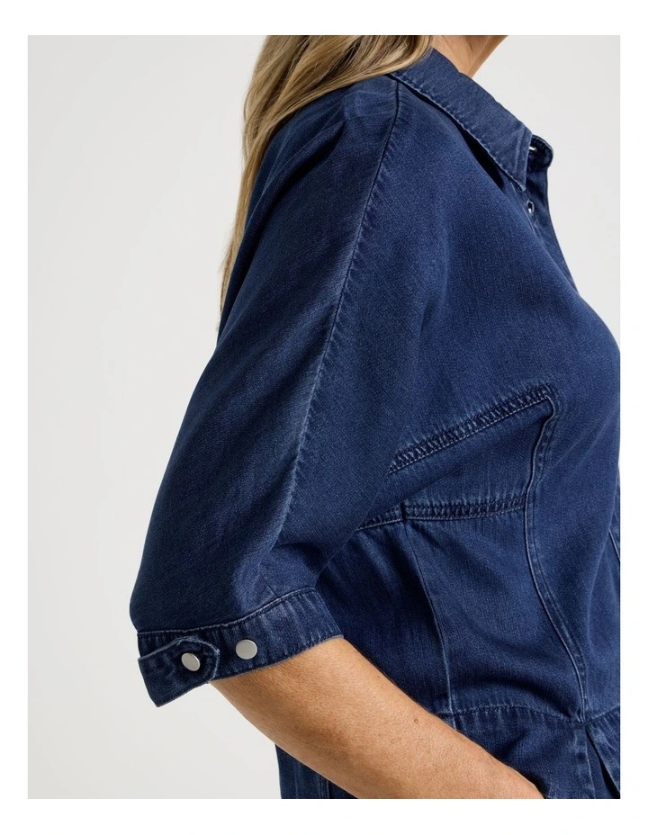 3/4 Sleeve Light Weight Panelled Denim Shirt in Dark Wash image 2