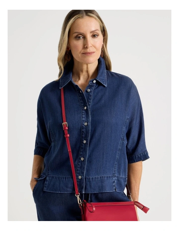 3/4 Sleeve Light Weight Panelled Denim Shirt in Dark Wash image 3