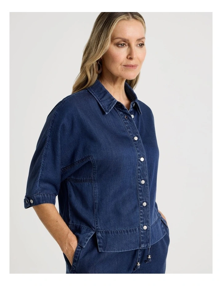 3/4 Sleeve Light Weight Panelled Denim Shirt in Dark Wash image 5