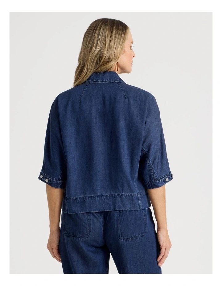 3/4 Sleeve Light Weight Panelled Denim Shirt in Dark Wash image 6