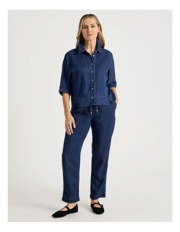 3/4 Sleeve Light Weight Panelled Denim Shirt in Dark Wash image 7