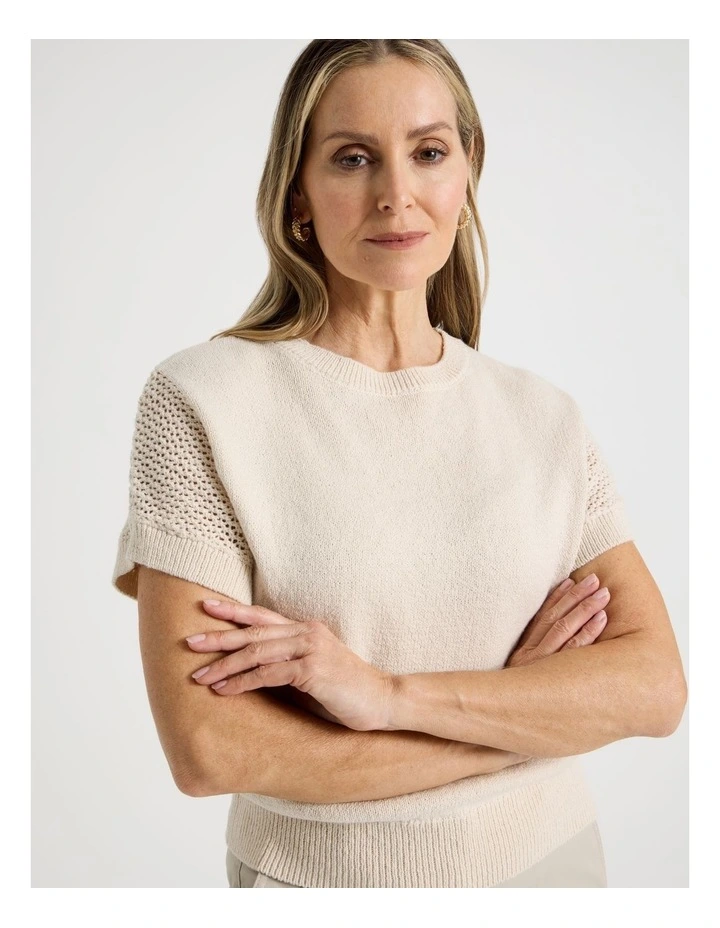 Extended Sleeve Knit Top With Fancy Knit Sleeves in Ivory image 1