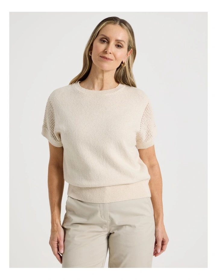 Extended Sleeve Knit Top With Fancy Knit Sleeves in Ivory image 2