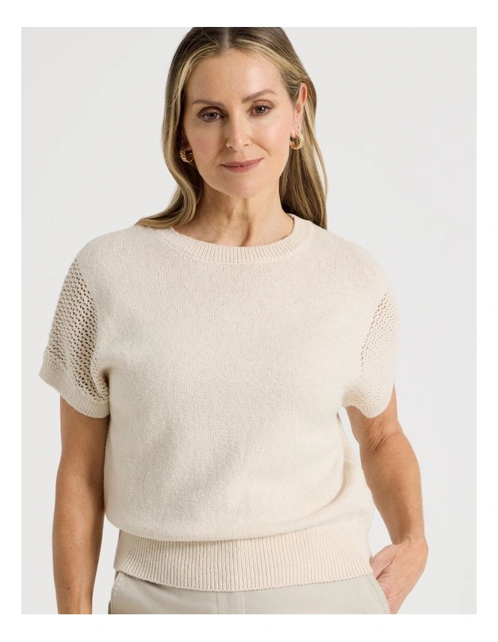 Extended Sleeve Knit Top With Fancy Knit Sleeves in Ivory image 3