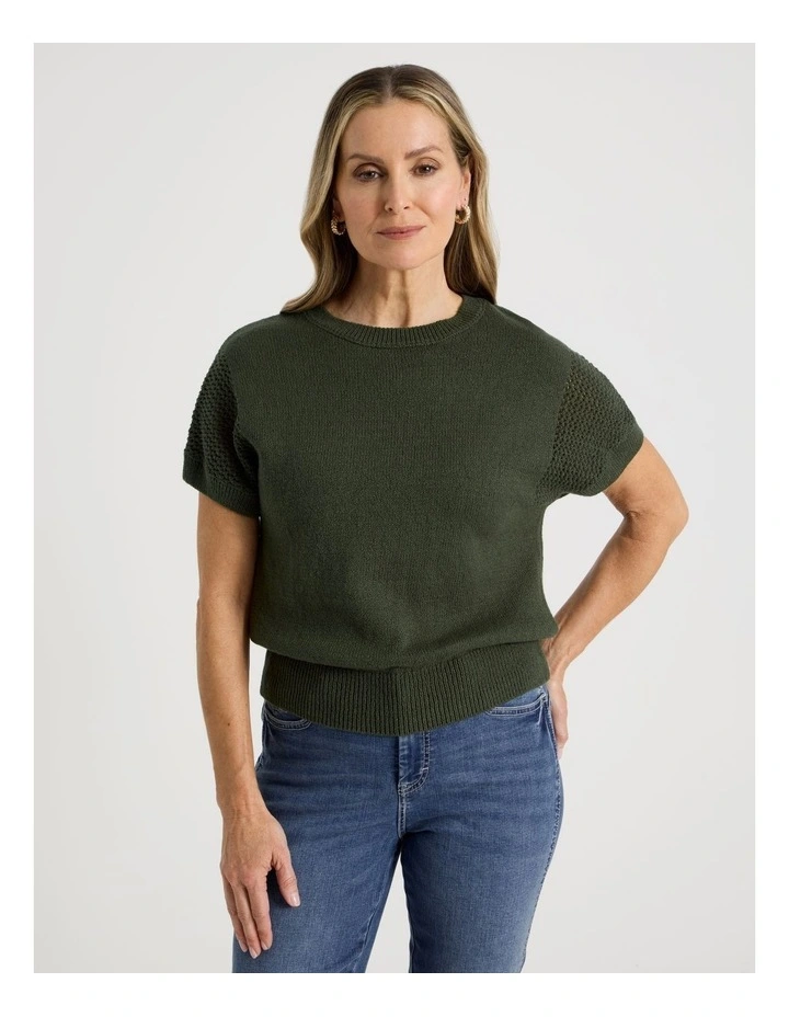 Extended Sleeve Knit Top With Fancy Knit Sleeves in Olive image 1