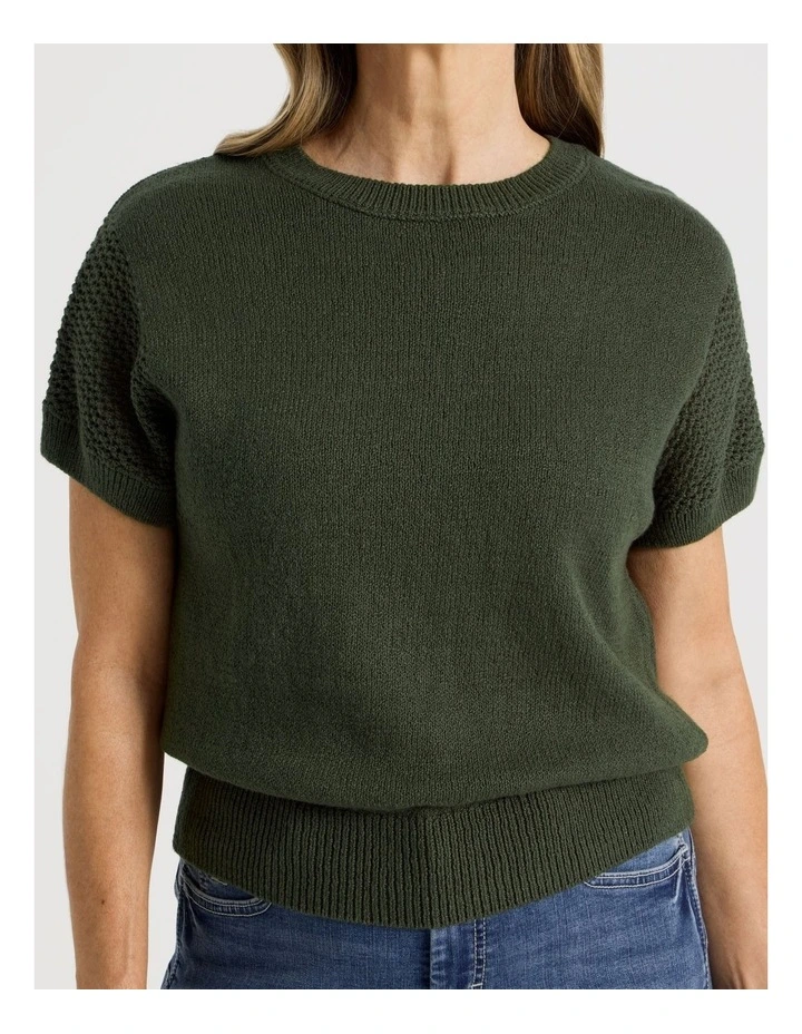 Extended Sleeve Knit Top With Fancy Knit Sleeves in Olive image 3