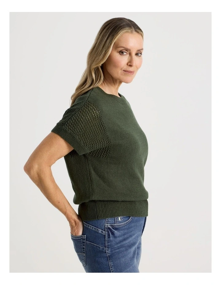 Extended Sleeve Knit Top With Fancy Knit Sleeves in Olive image 5