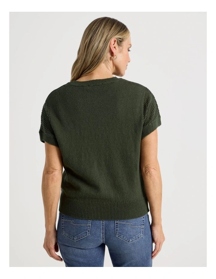 Extended Sleeve Knit Top With Fancy Knit Sleeves in Olive image 6