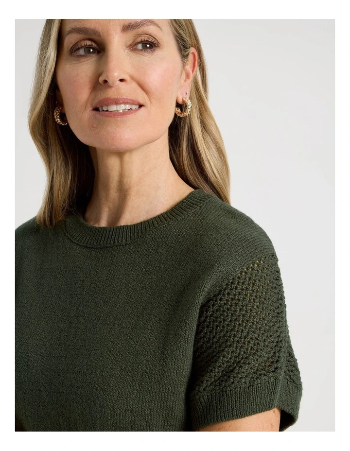 Extended Sleeve Knit Top With Fancy Knit Sleeves in Olive image 7