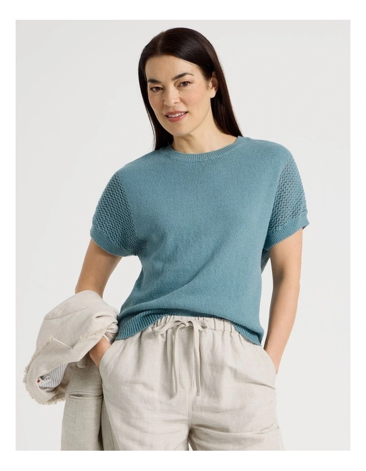 Extended Sleeve Knit Top With Fancy Knit Sleeves in Slate image 1