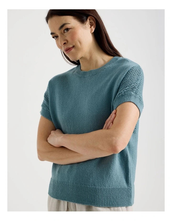 Extended Sleeve Knit Top With Fancy Knit Sleeves in Slate image 3