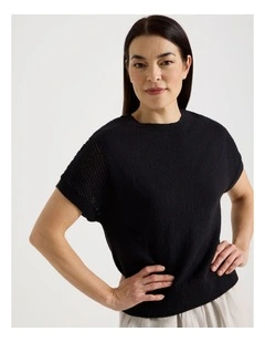Extended Sleeve Knit Top With Fancy Knit Sleeves in Black