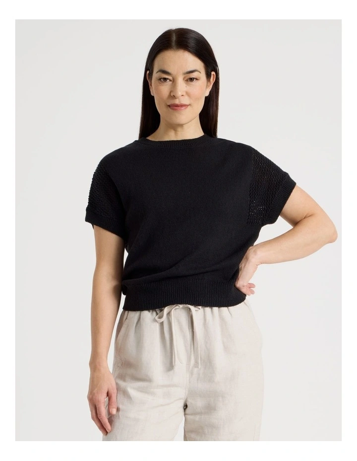 Extended Sleeve Knit Top With Fancy Knit Sleeves in Black image 3