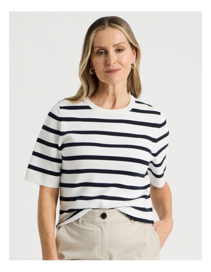 Short Sleeve Stripe Knitted Top in Ivory/Navy Stripe image 1