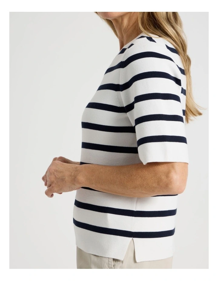 Short Sleeve Stripe Knitted Top in Ivory/Navy Stripe image 2