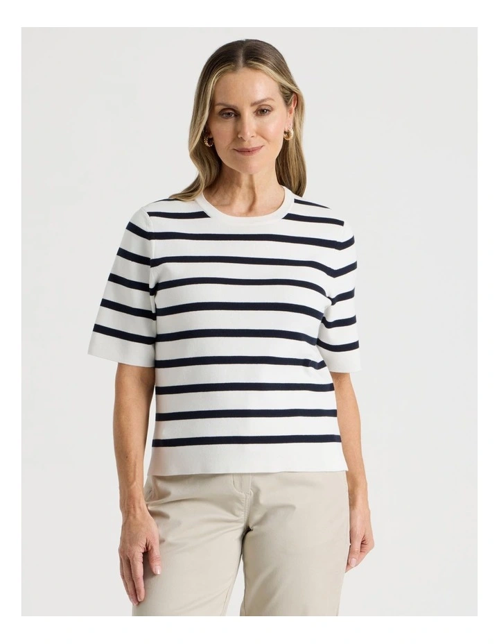 Short Sleeve Stripe Knitted Top in Ivory/Navy Stripe image 3