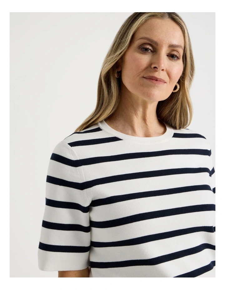 Short Sleeve Stripe Knitted Top in Ivory/Navy Stripe image 4