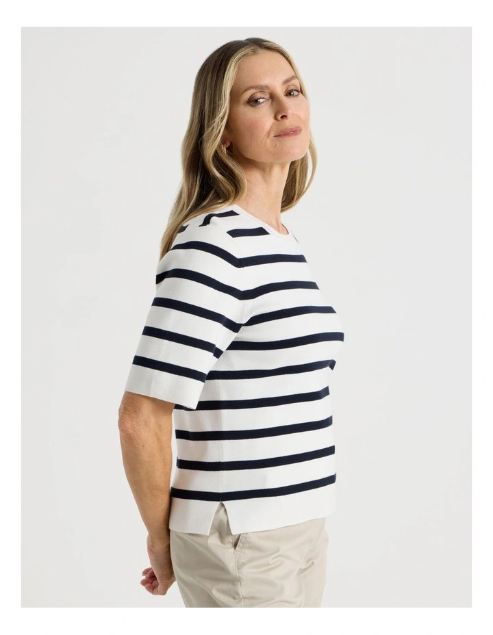 Short Sleeve Stripe Knitted Top in Ivory/Navy Stripe image 5