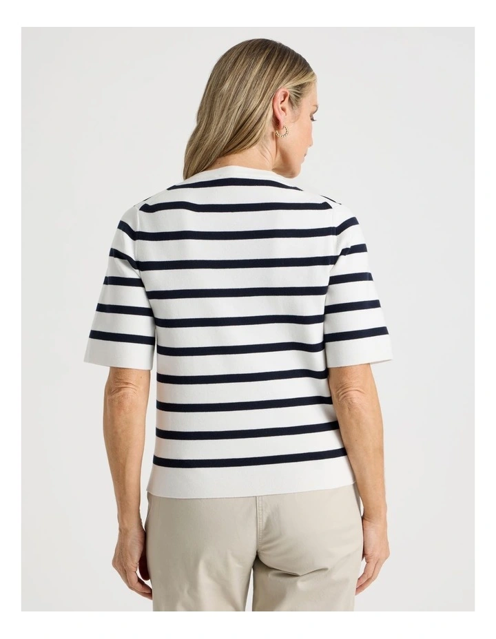 Short Sleeve Stripe Knitted Top in Ivory/Navy Stripe image 6